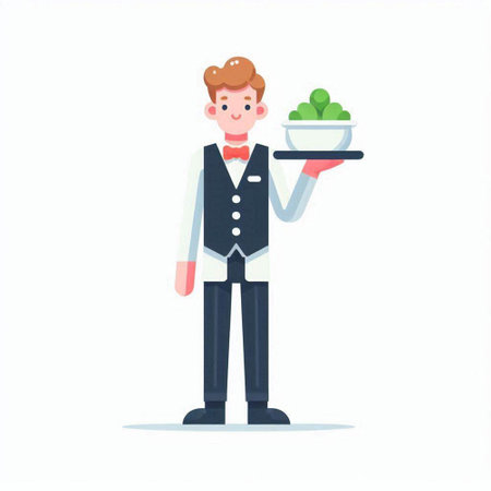 Waiter holding a tray with cactus. Vector illustration in cartoon styleのイラスト素材