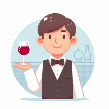 Waiter holding a glass of red wine. Vector illustration in cartoon styleのイラスト素材