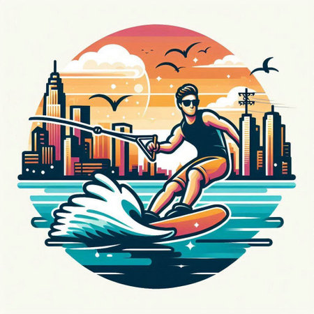 Man wakeboarding on the water in the city, vector illustration.のイラスト素材