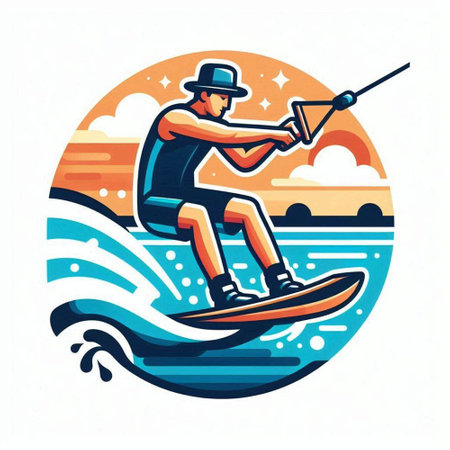 Man wakeboarding on the sea. Vector illustration in retro style.のイラスト素材