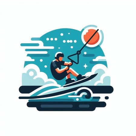 Water skiing, extreme sport vector illustration. Man riding a wakeboard.のイラスト素材