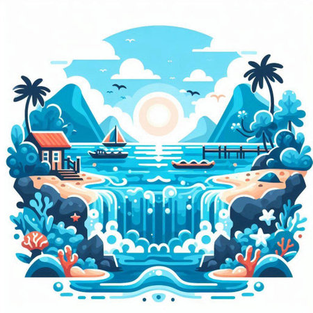 Tropical island with palm trees, bungalows and waterfalls. Vector illustrationのイラスト素材