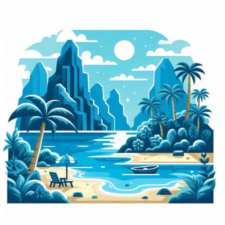 Tropical island with palm trees and beach. Vector illustration.のイラスト素材