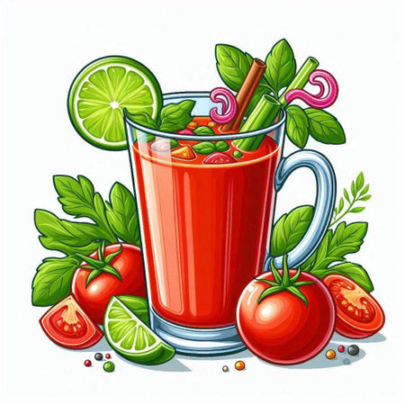 Tomato juice in a glass with lime, pepper and parsley. Vector illustration.のイラスト素材