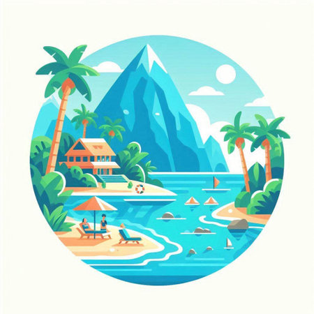 Tropical island with palm trees and beach. Vector illustration.のイラスト素材