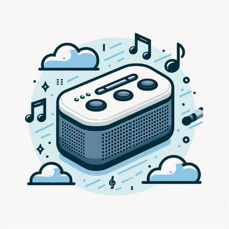 Vector isometric illustration of a white radio with music notes and cloudsのイラスト素材