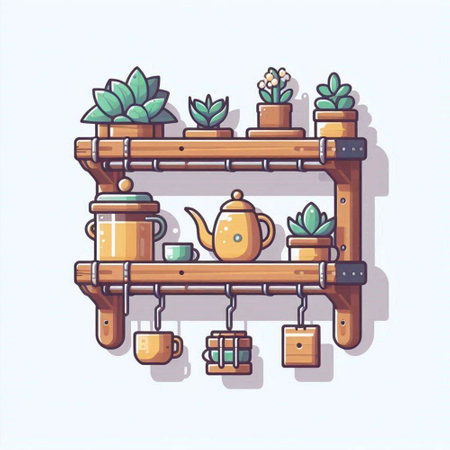 Vector illustration of a wooden shelf with succulents and teapotのイラスト素材