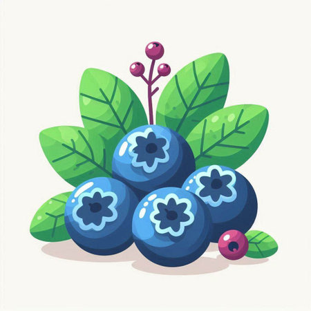 Blueberries with leaves and berries. Vector illustration in cartoon style.のイラスト素材
