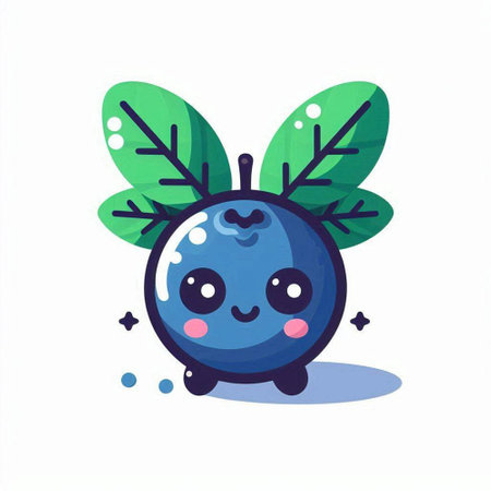Cute blueberry character with green leaves. Vector flat cartoon illustrationのイラスト素材