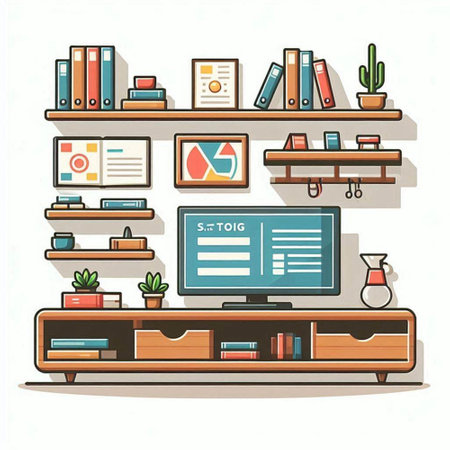 Bookshelf with books and computer. Vector illustration in flat styleのイラスト素材