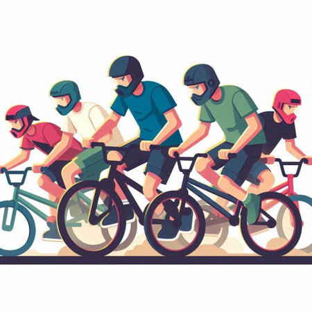 Bicyclists in helmets riding bikes, flat vector illustration.のイラスト素材