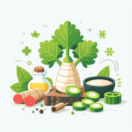 Vector illustration of ingredients for a healthy vegetarian meal. Cucumber, parsley, parsley, onion, ginger, olive oil.のイラスト素材