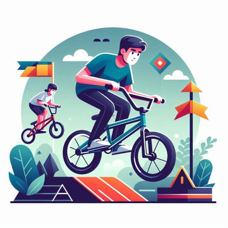 Cyclist riding bicycle flat vector illustration. Cartoon man in helmet and cap riding bicycle on city street. Healthy lifestyle concept.のイラスト素材