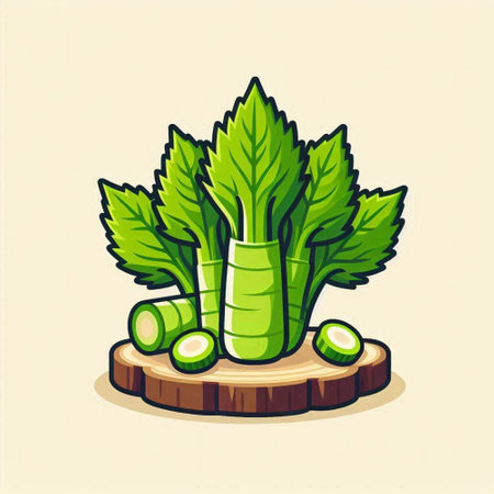 Vector illustration of green celery on wooden stump isolated on white backgroundのイラスト素材