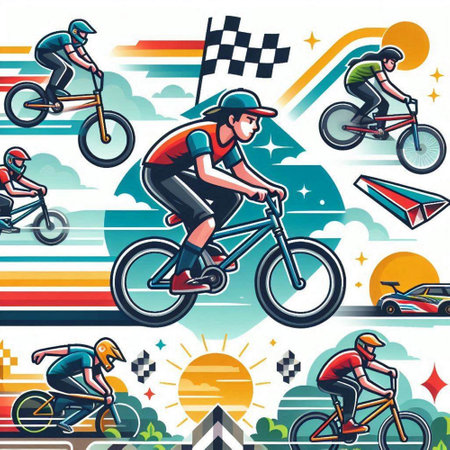Set of sport icons in flat style. Cyclist, cyclist, cyclist, cyclist, rider, skateboarder, roller skater, motocross, cross-country, mountain bike, freestyle.のイラスト素材