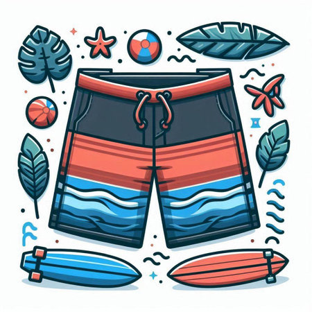 Swimming trunks and surfboards. Vector illustration in doodle styleのイラスト素材