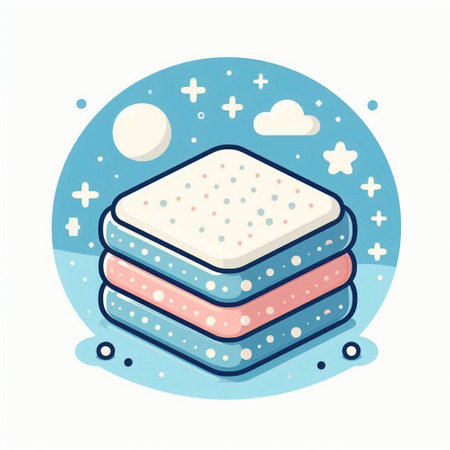 Vector illustration of a stack of towels on a blue background with clouds and starsのイラスト素材