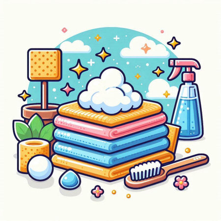 Vector illustration of a pile of clean towels with detergent, soap, shampoo, brush and sponge.のイラスト素材