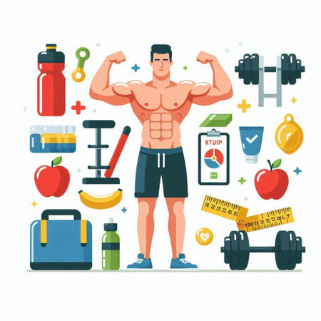 Fitness flat vector illustration. Bodybuilder with dumbbells, bottle of water, dumbbells, measuring tape.のイラスト素材