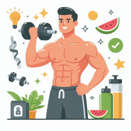 Bodybuilder man with dumbbells and watermelon in his hands. Vector illustrationのイラスト素材