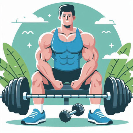 Cartoon vector illustration of a strong man lifting a barbell.のイラスト素材