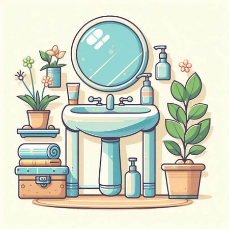 Bathroom interior with sink, mirror and accessories. Vector illustrationのイラスト素材