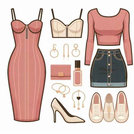 Vector illustration of a set of women's clothing and accessories. Pink dress, shoes, belt, necklace, earrings.のイラスト素材