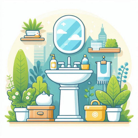 Bathroom interior design. Bathroom furniture and accessories. Flat style vector illustration.のイラスト素材
