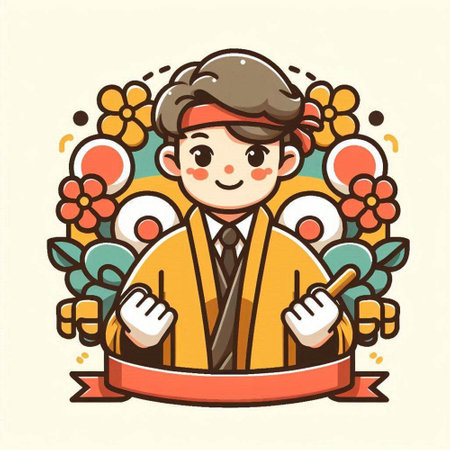 Cute cartoon boy in kimono with ribbon. Vector illustration.のイラスト素材