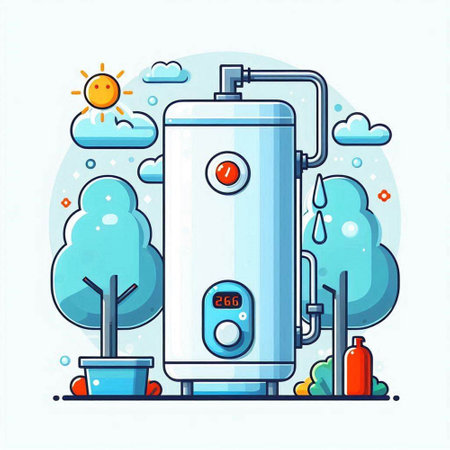 Vector illustration of a gas boiler in a flat style on a background of nature.のイラスト素材