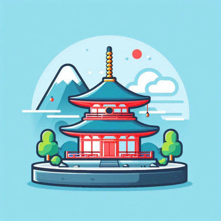 Vector illustration of Japanese temple with mountains in the background. Flat style design.のイラスト素材