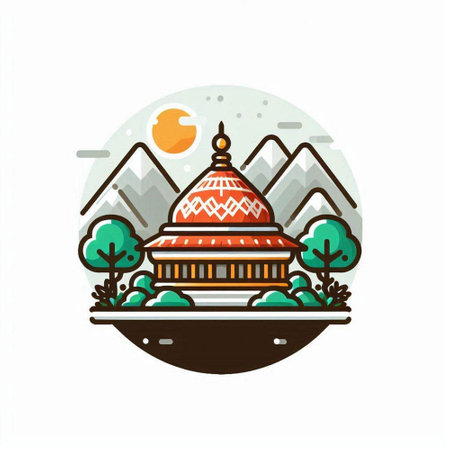 Temple in the mountains. Landmarks of Asia. Vector illustrationのイラスト素材