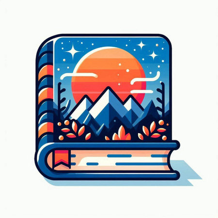 Vector illustration of a book with mountains and sun in the sky.のイラスト素材