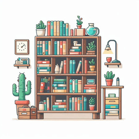 Bookshelf with books and potted plants. Vector illustration.のイラスト素材