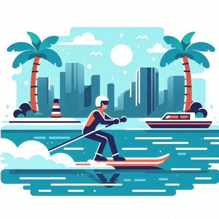 Man on a boat on the sea. Flat style vector illustration.のイラスト素材