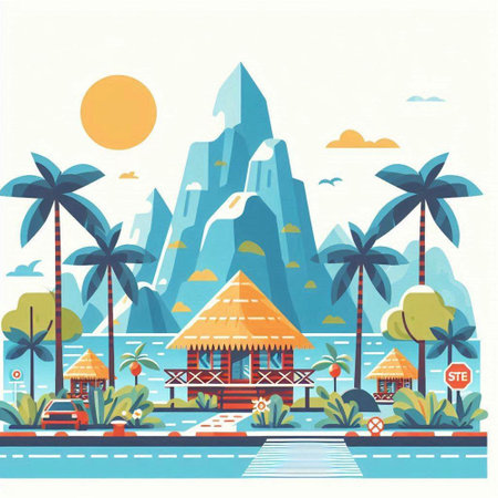 Landscape of tropical island with palm trees, bungalows, sea and mountains. Vector illustrationのイラスト素材