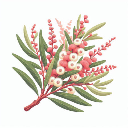 Eucalyptus branches with red flowers and green leaves. Vector illustration.のイラスト素材