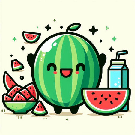 Cute watermelon cartoon character with watermelon juice vector illustration.のイラスト素材