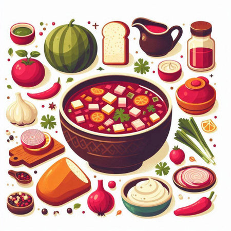 Vector illustration of a bowl of red borscht soup with ingredients.のイラスト素材