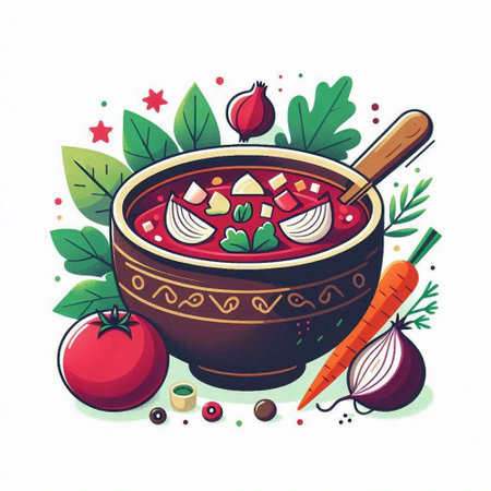 Vector illustration of a bowl of soup with vegetables, herbs and spicesのイラスト素材