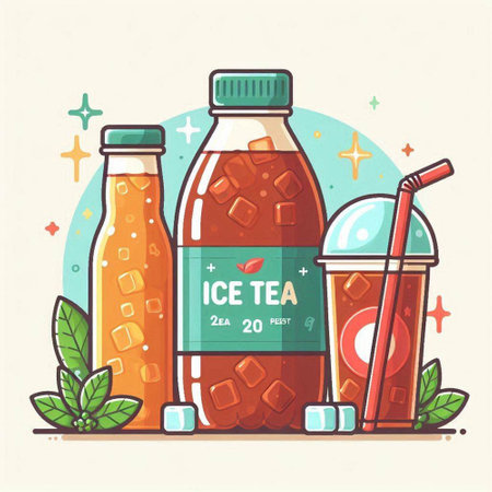 Iced tea. Vector illustration of a bottle with a glass of cold drink.のイラスト素材