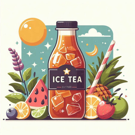 Vector illustration of a bottle of ice tea with fruit and berries.のイラスト素材