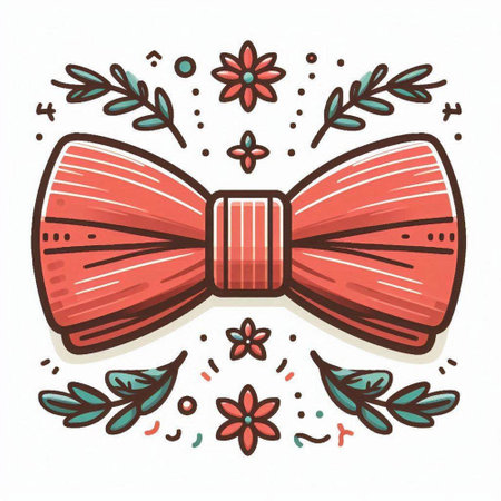 Vector illustration of red bow tie with floral elements. Hand drawn style.のイラスト素材