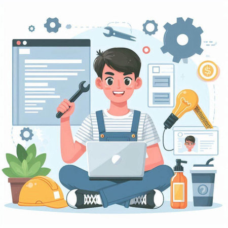 Worker with laptop and tools. Vector illustration in flat style.のイラスト素材