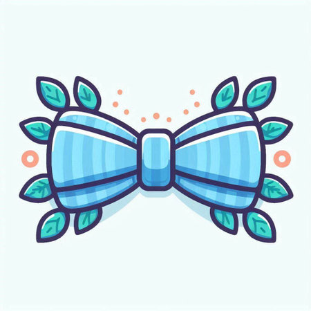 Vector illustration of a blue bow tie with green leaves on a light background.のイラスト素材