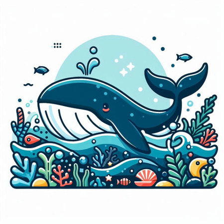 Cute cartoon whale in the sea. Underwater vector illustration.のイラスト素材