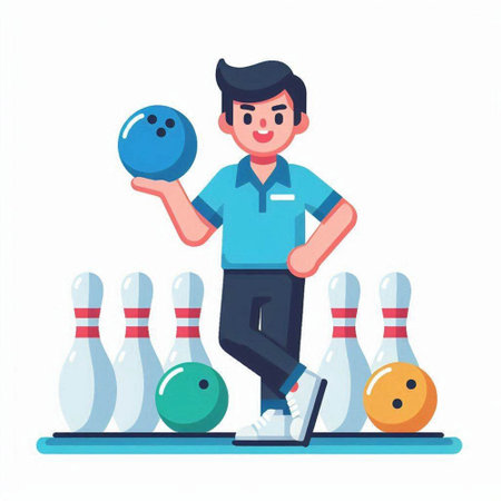 Young man playing bowling, flat vector illustration isolated on white background.のイラスト素材