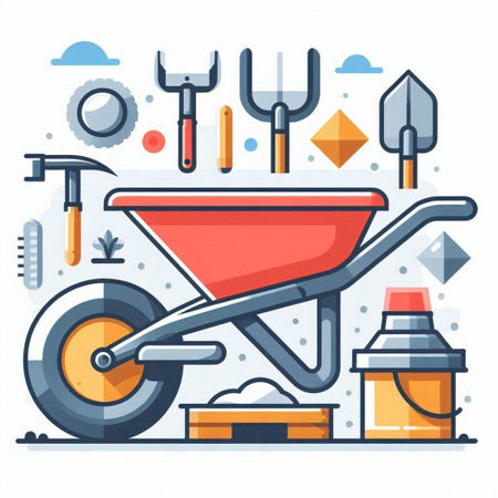 Garden tools, wheelbarrow, rake, shovel, watering can, pitchfork, rake. Vector illustration in flat styleのイラスト素材