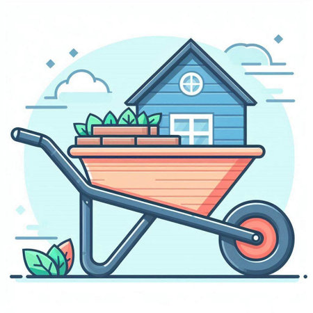 Vector illustration of a wheelbarrow with plants and a house.のイラスト素材
