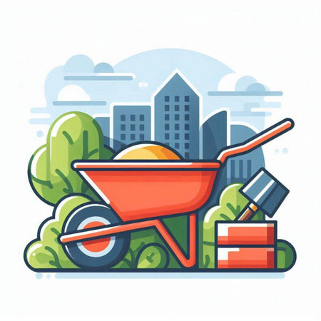 Wheelbarrow with construction tools on city background. Vector illustration.のイラスト素材